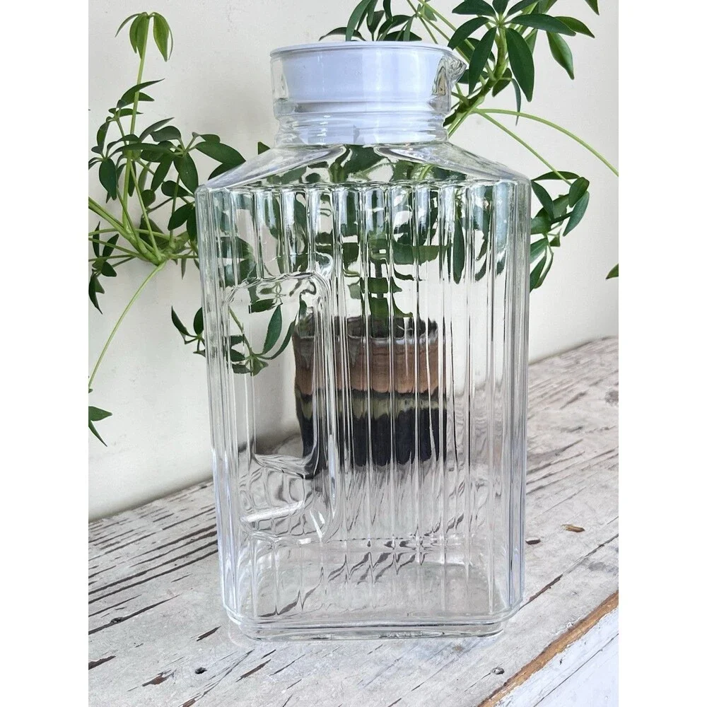 Vintage ARC France Glass Ribbed Juice Pitcher W/ Rubber Lid 10.5” Retro Kitchen